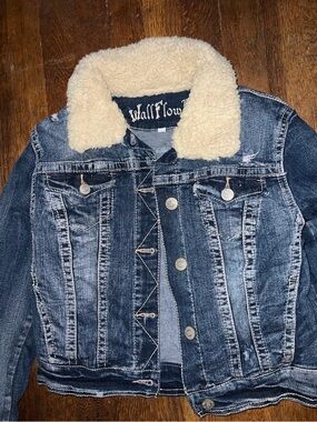 Wallflower Distressed Dark Blue Denim Jacket with Cream Sherpa Collar
